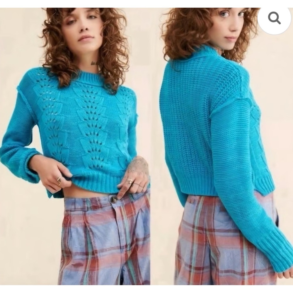 FREE PEOPLE Cotton Blue Teal Knitted Lightweight Boho Cottagecore Sweater sz SP‎